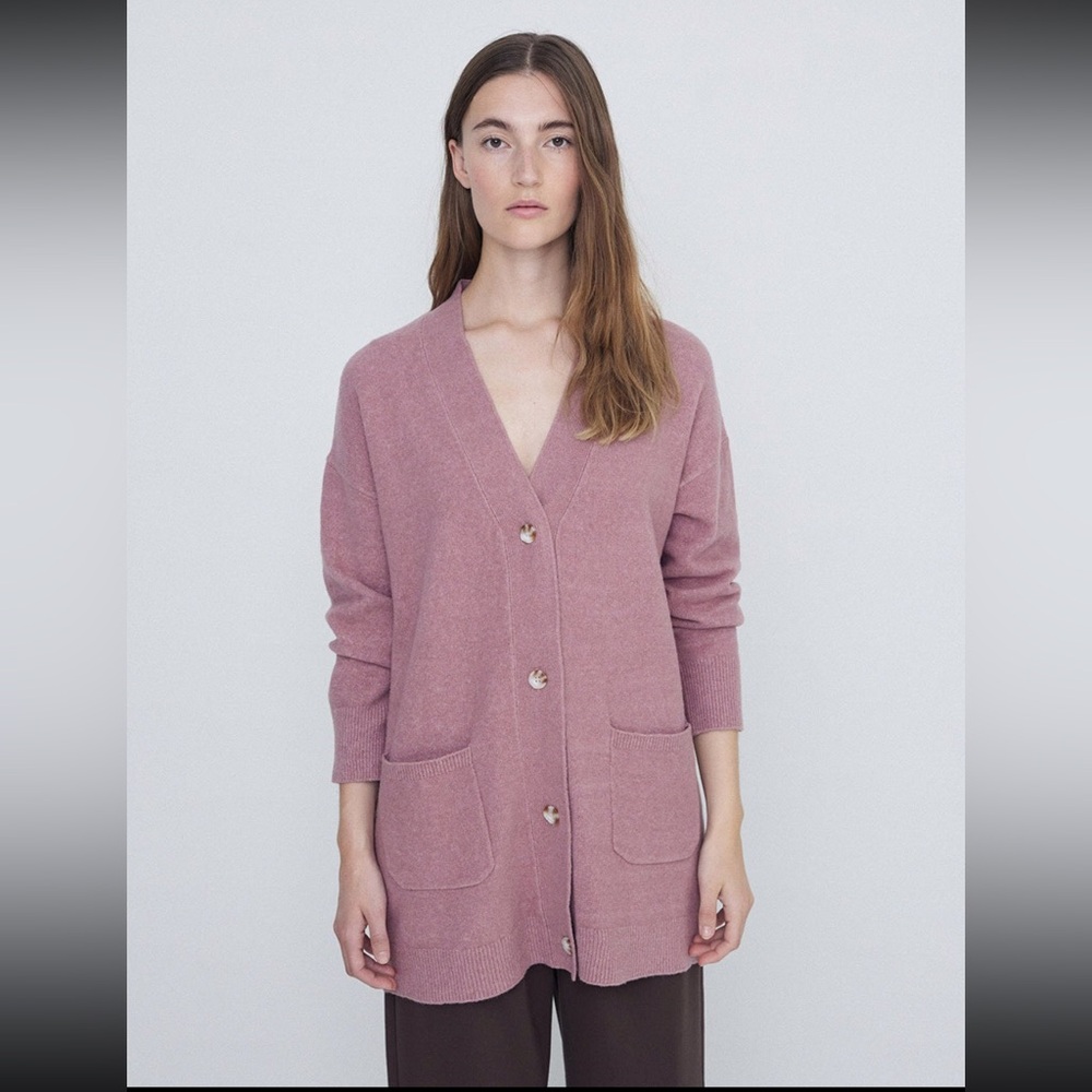 Anthropologie Yerse cotton blend long cardigan light muted rose pink neutral NWT